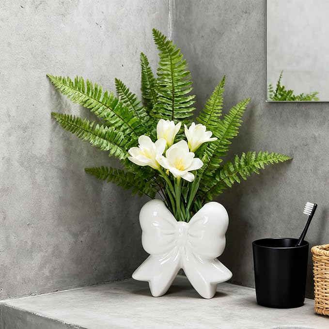 Bow Vase White Ceramic Vase Flower Cute Decorative Minimalist Farmhouse Flowers Tulip Pampas Grass Modern Home Decor for Table Bathroom Shelf