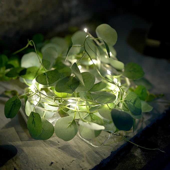 Artificial Eucalyptus Leaves Foliage String Lights 6.6Ft 20 LED Fairy Leaf Lights Warm White Greenery Vines Garland and Table Runner, Battery Operated Wedding Backdrop Wall Decor