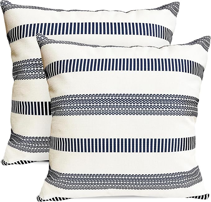 Decorative Throw Pillow Covers Set of 2 Blue Boho Striped Pillow Covers 22x22 Inch Throw Pillow Cover Linen Pillowcase Farmhouse Outdoor Pillow Covers for Couch Sofa Bed Living Room