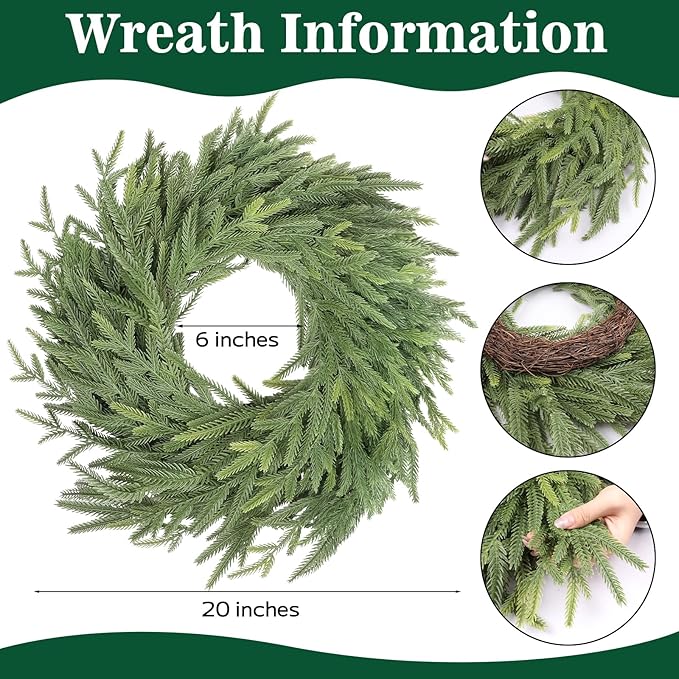 6 FT Christmas Artificial Norfolk Pine Garland with 18" Wreath, Real Touch Xmas Faux Greenery for Holiday Table Mantle Wall Fireplace Windows Home Front Door Indoor Decor