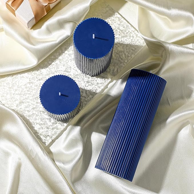 Ribbed Pillar Candles Set of 3, Width 3" High 4" 6" 8" Large Soy Wax Orchids Scented Pillar Candles Aesthetic Ribbed Modern Home Decor for Bathroom Living Room(Navy Blue)