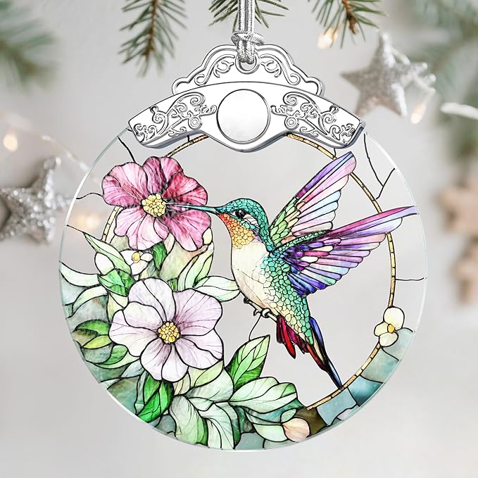 Stained Glass Ornament, Christmas Ornament, Hanging Ornaments for Home Decor & Christmas Tree Ornaments – Exquisite Holiday Decor, Perfect Hummingbird Gifts, Xmas Gifts & Holiday Present - Hummingbird