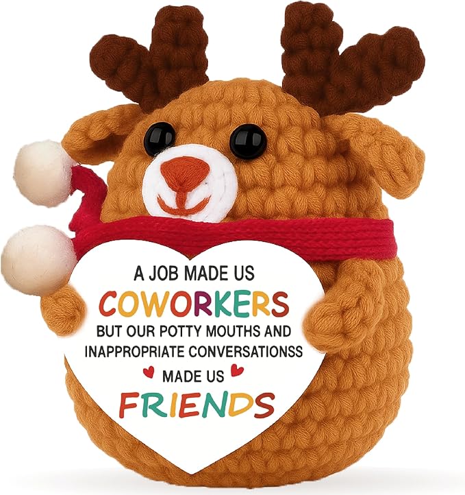 Mini Crochet Reindeer Ornament with Card – Handmade Christmas Tree Hanging Decoration with String, Cute Deer for Coworkers Friends Family Stocking Stuffer