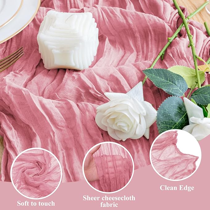 Wokceer Cheesecloth Table Runner 6Pack 10FT Dusty Rose Boho Gauze Cheese Cloth Table Runner for Party Long Rustic Sheer Table Runners for Baby Bridal Shower Wedding Easter Table Decor