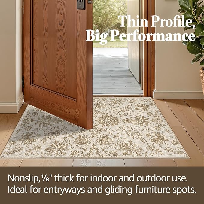 jinchan Torino 2x3 Washable Rugs for Entryway, Vintage-Inspired Floral Neutral Design Non-Slip Low-Pile Doormat, Ultra-Thin Indoor Traditional Accent Carpet for Entrance Bathroom Bedroom, Taupe
