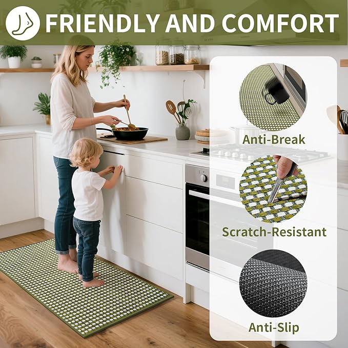Kitchen Mats for Floor, Super Absorbent Kitchen Rugs Non Slip Washable, Rubber Backing Soft Chenille Braided Kitchen Runner Rug Standing Mat Sink Mat, Easy to Clean, Green 17"x30"