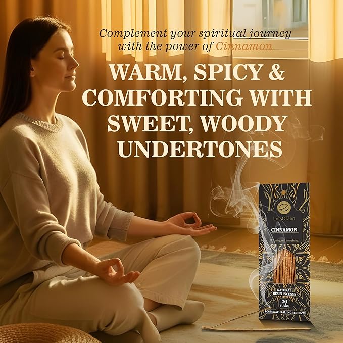 Cinnamon Incense Sticks, 70 Pack – Hand-Rolled, 8-Inch, Long-Burning – Natural Warm Sweet Aroma for Meditation, Yoga, Relaxation, Spiritual Practices