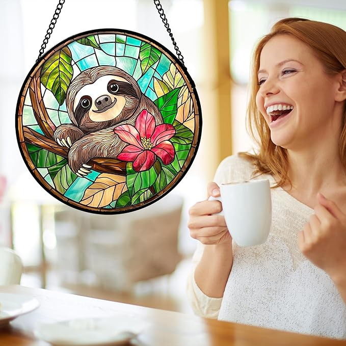 Stained Glass Window Hanging, Cute Sloth Sun Catcher for Door Home Decor Animal Suncatcher Christmas Mother's Day Birthday Gifts for Women Men Mom and Nana 11.8 in