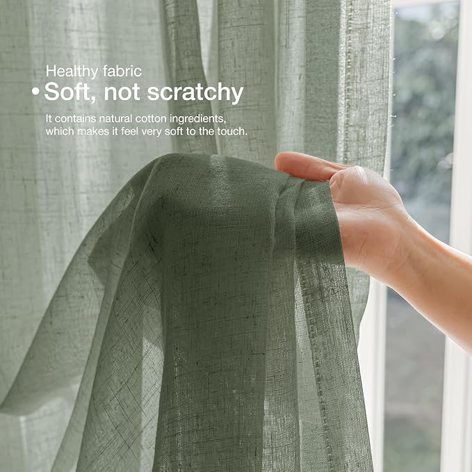 Anmao Natural Linen Curtains for Living Room 96 Inch Length 2 Panels Set, Light Filtering Semi Sheer Window Curtain Drapes for Bedroom with Curtain Rings and Clips, 52 Inch Wide Each Panel, Olive
