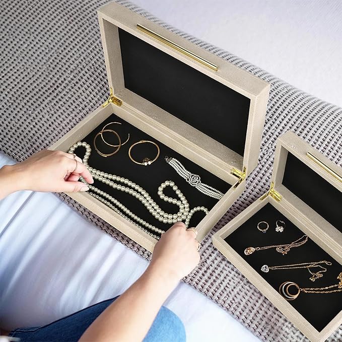 HofferRuffer Faux Leather Decorative Boxes Set of 2, Large Nesting Keepsake Box Accessory Organizer Jewelry Organizer with Hinged Lid, Stacking Storage Box Container for Home or Office (Light Grey)