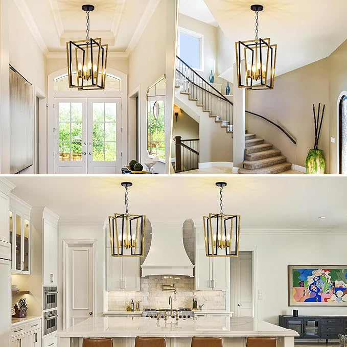 WJShome 4-Light Black and Gold Chandelier,Farmhouse Hanging Lantern Pendant Light,Industrial Ceiling Foyer Lighting Fixtures, Adjustable Height Modern Chandelier,for Kitchen Island,Hallway,Entryway