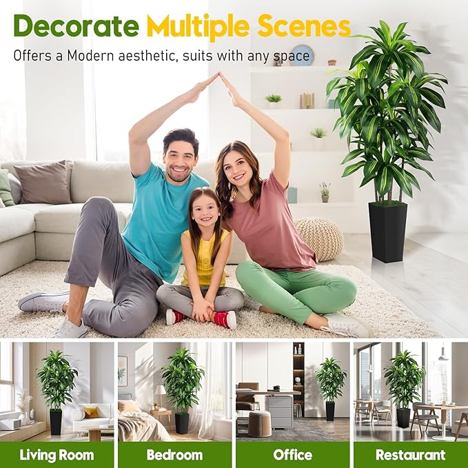 Artificial Dracaena Tree Indoor, 5FT Tall Fake Tree with Black Tall Planter, Artificial Trees Fake Yucca Potted Tree for Home Office Living Room Decor, Tall Artificial Plant for Housewarming