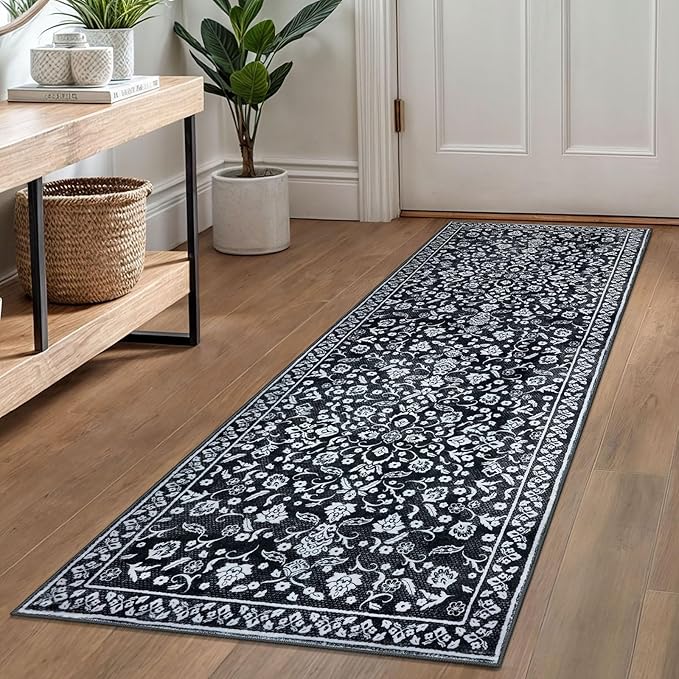Vintage Washable Runner Rug 2x6, Black White Runners for hallways, Super Soft Kitchen Runner Rug Non Slip, Printed Faux Wool Floral Thin Carpet Runner for Entryway Laundry Room Bedroom
