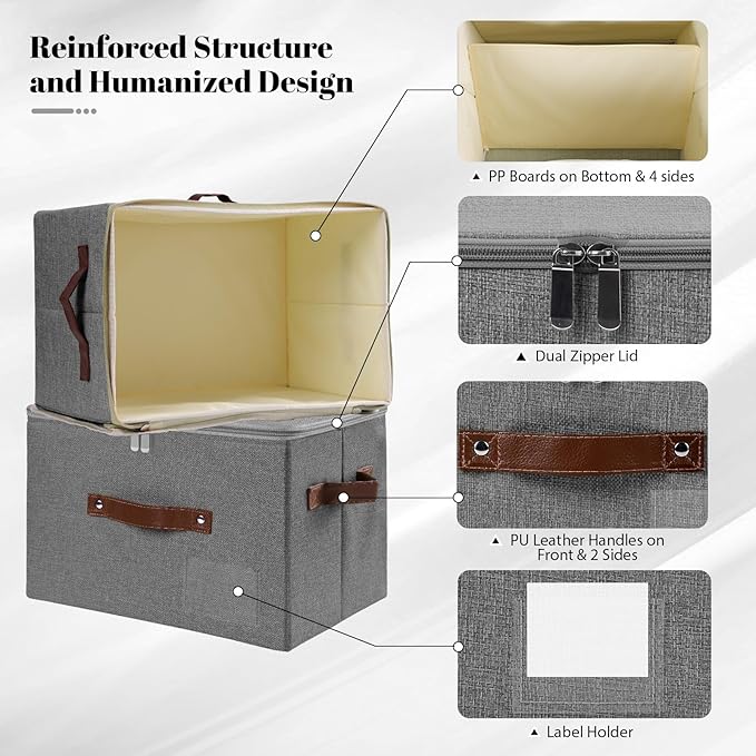 ANMINY 3PCS Storage Bins with Zipper Lid Storage Boxes with Label Holder PU Leather Handles Washable Foldable Decorative Lidded Cotton Linen Fabric Cubes Baskets Closet Organizer - Gray, Small