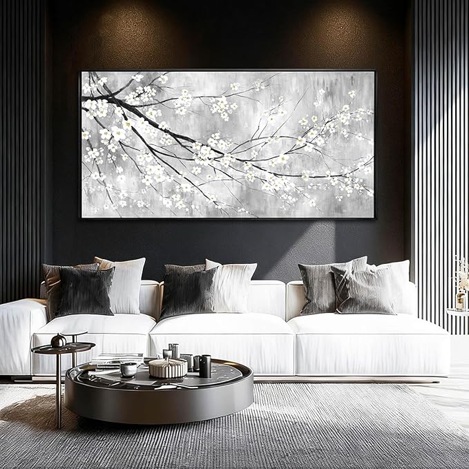 WINKAILIN Large 29"x58" White Black and Gold Plum Blossom Canvas Black Frame Wall Art Minimalist Flower Poster Decorative Artwork for Living Room Bedroom Office Kitchen Walls