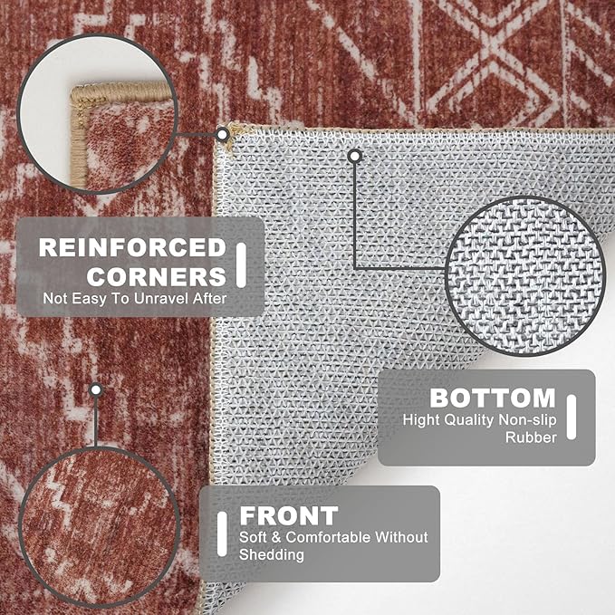 KILOCOCO Boho Kitchen Runner Rug 2x6 Washable Runner Rug, Soft Runners for Hallways Non Slip Printed Distressed Laundry Room Rug, Low-Pile Rug for Entryway/Bedroom/Living Room, Burnt Orange/Red