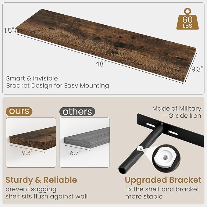 Fun Memories 48 Inch Floating Shelves, 9.3 Inch Deep Wall Shelves for Bathroom, Living Room, Bedroom, Kitchen, Deep Long Shelf Wall Mounted 1 Pack Shelf for Books, Decor, Rustic Brown
