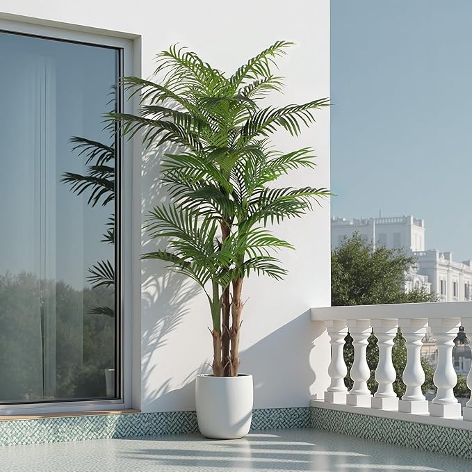 7ft Tall Triple Golden Cane Palm Artificial Tree, Large Topical Fake Tree with 24 Realistic Leaves Artificial Plants in Pot for Indoor Outdoor Home Office Living Room