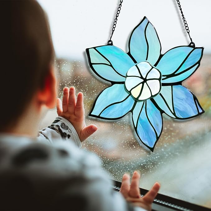 Stained Glass Window Hanging - Blue Christmas Flower Suncatcher for Doors Garden Kitchen Floral Sun Catchers Home Decor Birthday Holiday for Women Aunt Mom Nana Gardener