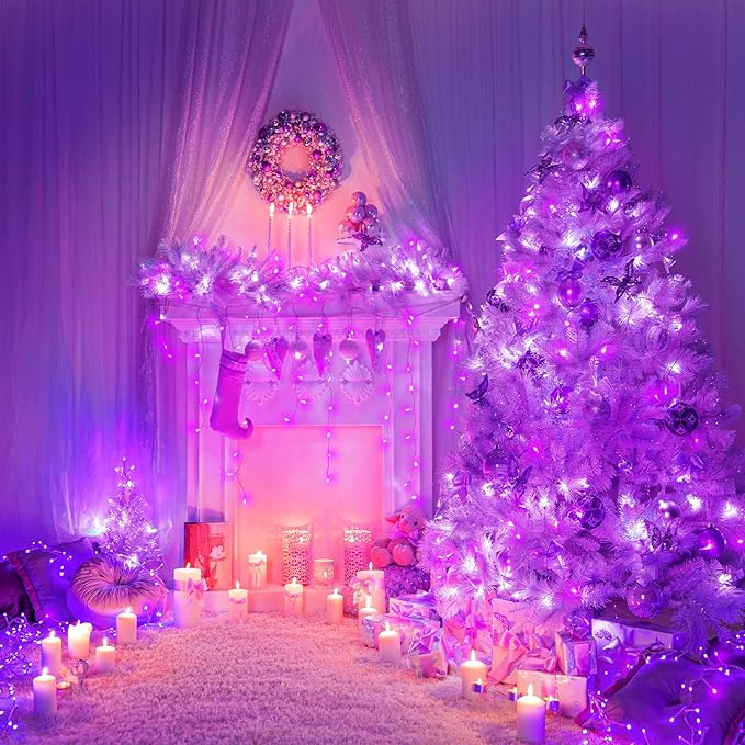 100 LED String Lights Indoor Outdoor Waterproof 33ft Purple Christmas Lights Clear Wire with 8 Modes Plug in Twinkle Fairy Light for Tree Party Christmas Decorations