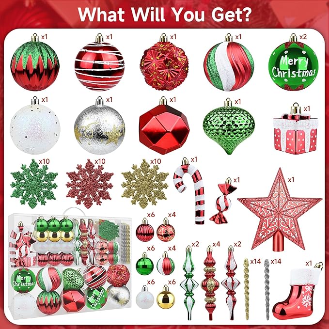 AWSL Christmas Tree Ornaments - 113PCS Set, Red Green White Gold Silver, Shatterproof, Hanging Xmas Tree Decorations