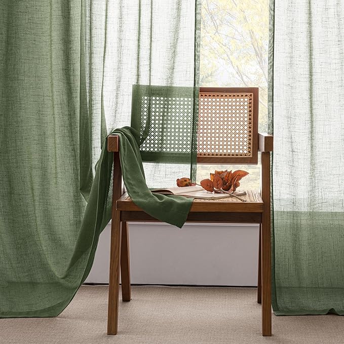 Olive Green Sheer Linen Curtains 90 inch Long Back Tab Light Filtering Living Room Drape Linen Blend Farmhouse Minimalist Neutral Semi Sheer Curtain for Dining Room Bedroom 90 inch Length 2 Panels Set
