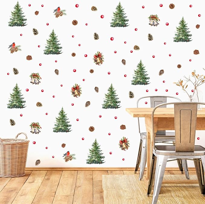 Pine Tree Wall Stickers Watercolor Christmas Tree Wall Decals Peel and Stick Removable Pine Cones Winter Wall Art Stickers Merry Christmas Bell Decals for Living Room Kids Gift Xmas Party Supply Decor