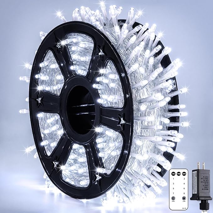 JMEXSUSS Christmas Lights, 8 Modes Waterproof Christmas Light Outdoor Plug in, Clear Wire String Lights Indoor Bedroom 720LED 230 FT White