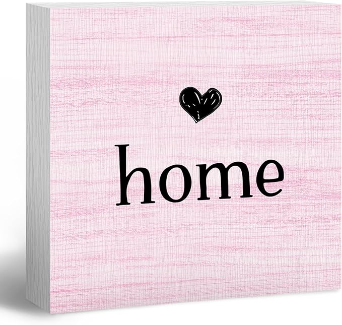 Home Sign, Home Signs for House Decor, Welcome Sign, Rustic Farmhouse Desk Decor Wood Block Box Plaque for Living Room Wall Shelf, Housewarming Gifts (Pink)