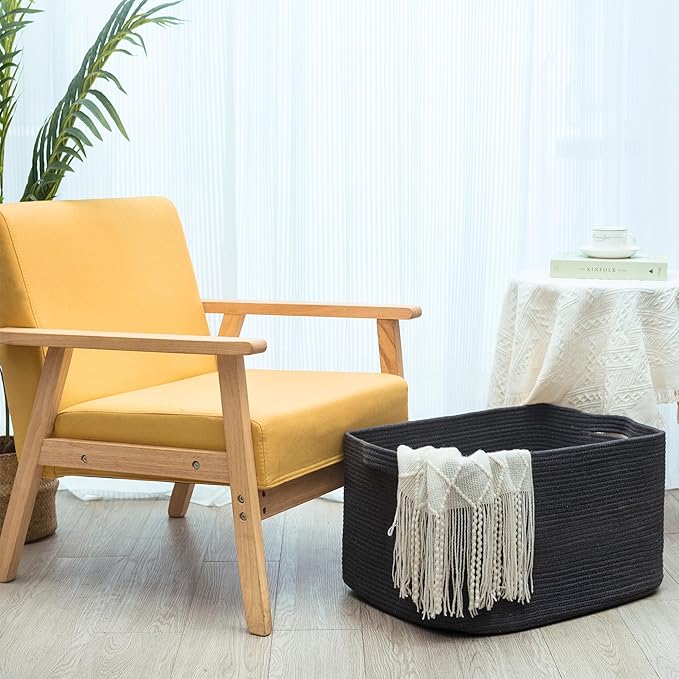 MINTWOOD Design 22in Extra Large Blanket Basket Holder Living Room, Rectangle Rope Woven Storage Basket with Handles for Laundry, Pool Towels, and Shoes, Dog Toy Organizer Bin Box, Charcoal
