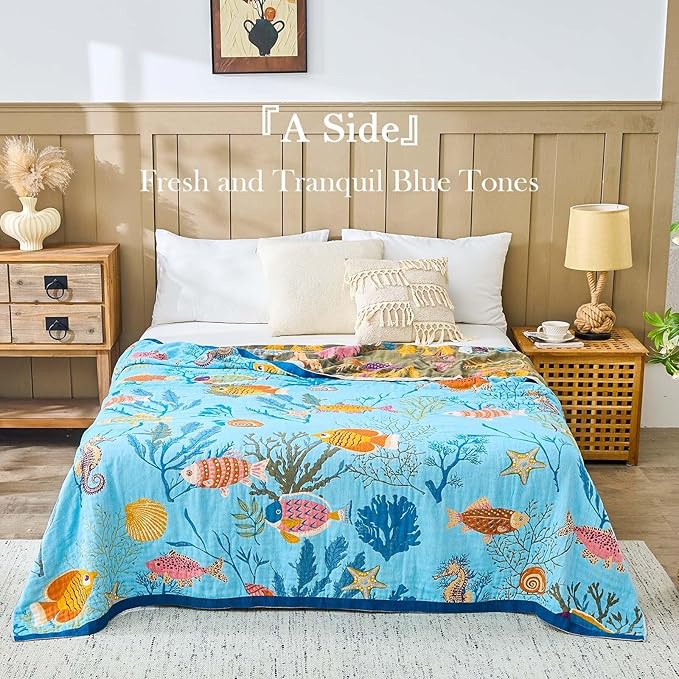 Blue Boho Blanket, 90"x98" Soft Farmhouse Decorative Throw Blanket, 100% Cotton Reversible Vintage Muslin Quilt Bohemian Decor Woven Blanket All Season Blankets for Sofa Couch Chair
