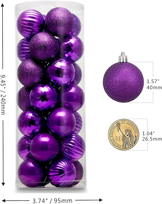 Small Size 28ct shatterproof Christmas Ball Ornaments in 4 Classic finishes for Christmas Tree Decoration (Purple, 1.57“ Mini Size)