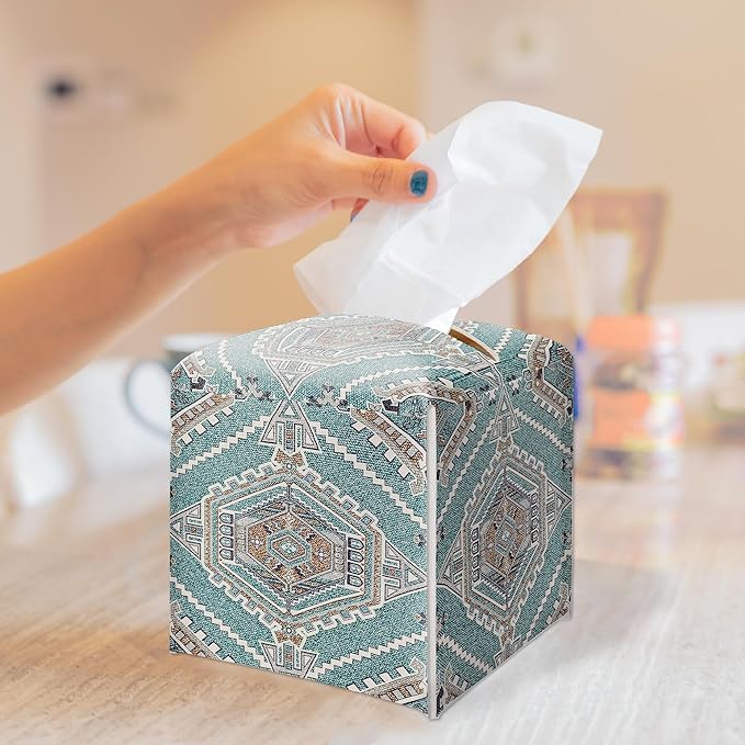 Western PU Leather Tissue Box Cover - Southwest Aztec Vintage Decorative Tissue Holder - Waterproof & Modern Dispenser Box - Facial Paper Organizer Home Decor for Living Room, Bathroom, Office - A03