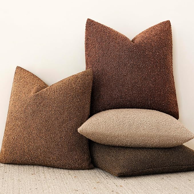 Foindtower Pack of 2, Decorative Textured Boucle Throw Pillow Covers Neutral Accent Solid Pillow Cases Cozy Soft Couch Cushion Case for Chair Sofa Bedroom Living Room Home Decor 22x22 Inch Hazel Brown