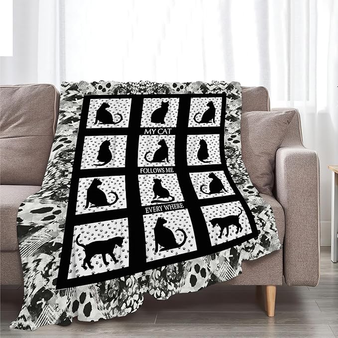 Black Cat Blanket Cat Paw Decor Throw Blanket Super Warm Soft Plush Lightweight Fleece Flannel Black and White Blanket Gifts for Girls Baby Kids Women Boys for Winter Couch Bedding 60"X80"