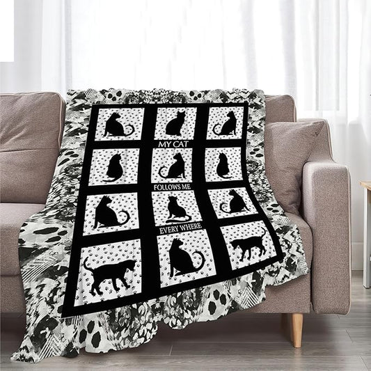 Black Cat Blanket Cat Paw Decor Throw Blanket Super Warm Soft Plush Lightweight Fleece Flannel Black and White Blanket Gifts for Girls Baby Kids Women Boys for Winter Couch Bedding 50"X60"
