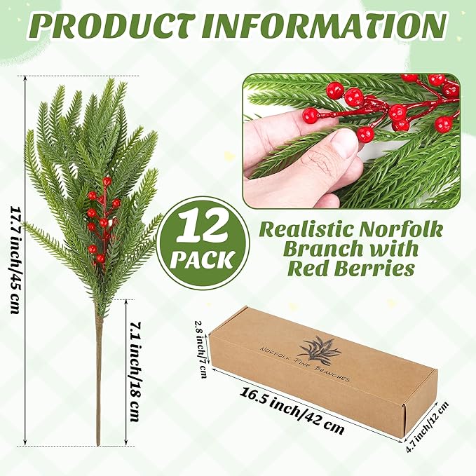 Fovths 12 Pack Christmas Norfolk Pine Branches with Red Berries 18 Inch Norfolk Pine Stems Artificial Norfolk Pin Needle Branches DIY Crafts Faux Greenery for Xmas Home Decor Garland Wreath Craft