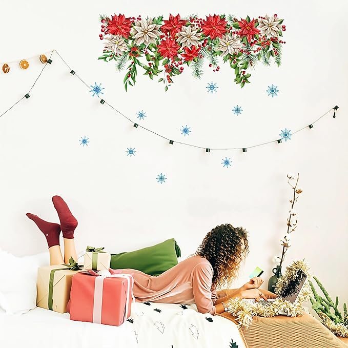 Christmas Wall Stickers Decor- Flower Wall Decals Peel and Stick Xmas Santa, Reindeer, Gifts Removable Wall Art for Home Party Office Classroom Winter Holiday (A)
