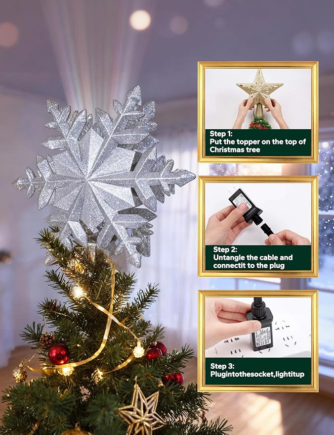 DG-Direct Christmas Tree Topper Lighted with 6 Projected Patterns, Led Rotating Magic Snowflake, 3D Hollow Glitter Lighted Silver Snow Tree Topper for Christmas Tree Decorations, Silver