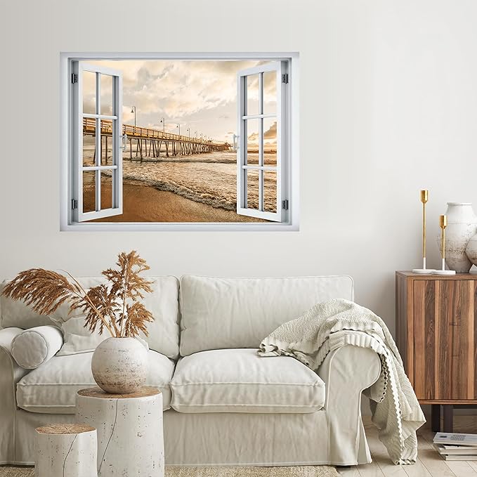 SIGNWIN Removable Wall Sticker/Wall Mural Window Golden Sunset Over Ocean Waves and Wooden Pier Photography Realism Decorative Landscape Digital Art for Living Room, Bedroom, Office - 36"x48"