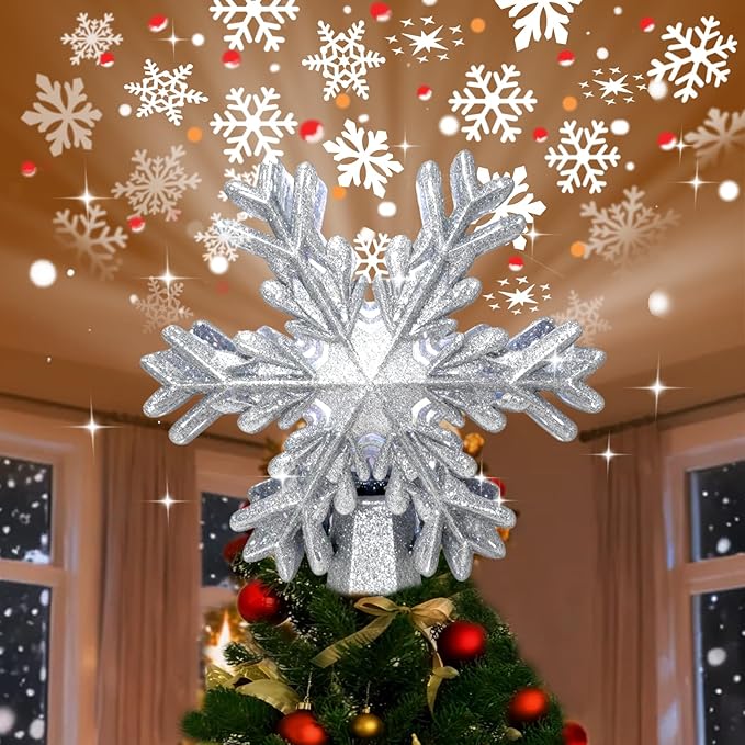 Christmas Tree Topper Lighted - Glitter Christmas Snowflake Tree Topper with Built-in LED Rotating Projector - Dynamic Snowflake Projection for Christmas Decorations（Sliver）