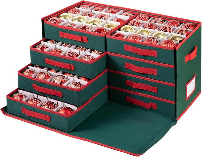 OIAHOMY Christmas Ornament storage Box with Adjustable Dividers, Christmas Storage Container with Side Open Stores up to 128-3" Ornaments, 8 Removable Drawer Style Trays - Red
