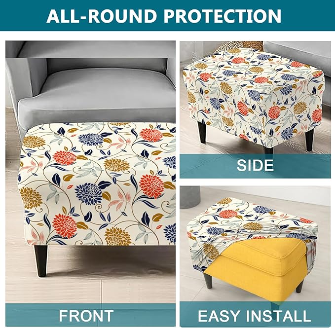 KRFOONN Stretch Ottoman Cover Slipcovers Rectangle Fit Length 39"-47" Footrest Stool Covers Printed Ottoman Cover for Foot Stool Furniture Protector with Non Slip Elastic Bottom, Color 14