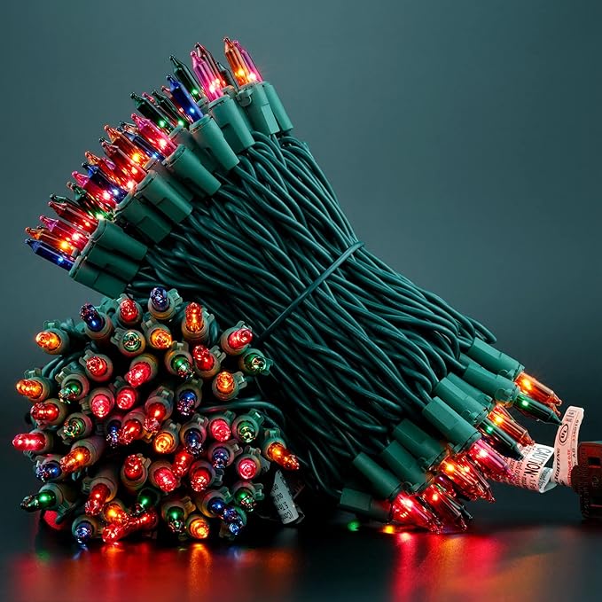 YULETIME 200 Multicolor Christmas Lights, Pack of 2 Sets 33 Feet 100 Count UL Certified Incandescent String Lights (Multicolor - Green Wire)