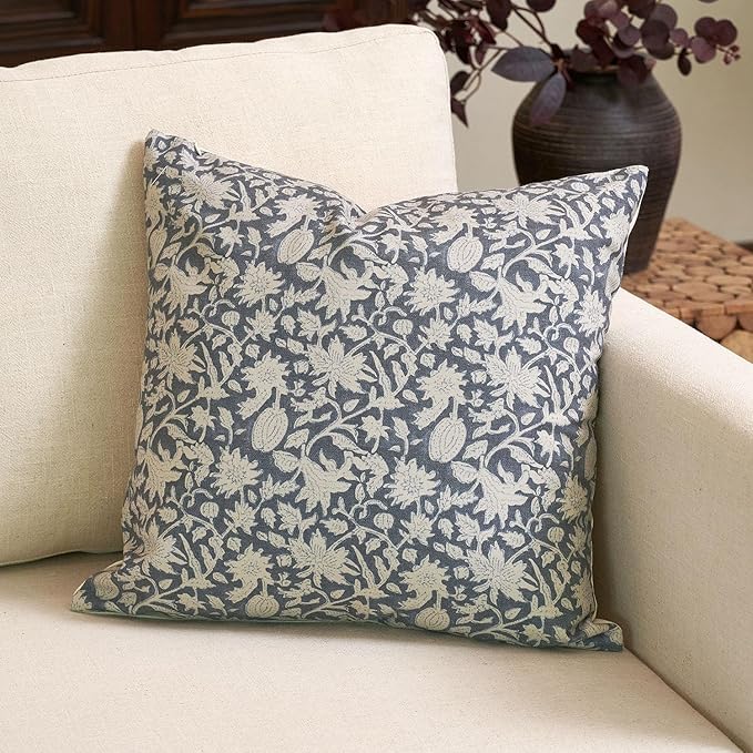 Amor Virisso Floral Throw Pillow Covers 24x24 Couch Pillows for Living Room Bed Block Print Decorative Accent Throw Pillow Covers Farmhouse Neutral Pillow Covers Sofa Pillows 1PC, Dusty Blue