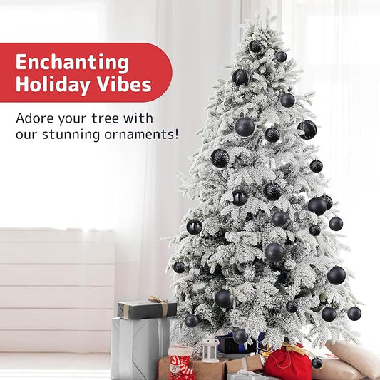PREXTEX 36 Piece Christmas Ornaments Set - Black Shatterproof Balls in 6 Styles and 3 Sizes with Hanging Loops - Elegant Christmas Tree Decorations for Indoor and Outdoor Black Xmas Tree Display