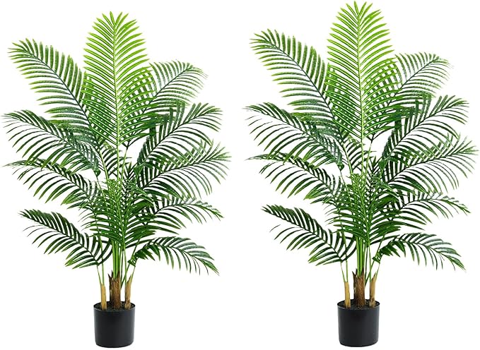 2 Pack Artificial Palm Tree 4FT Artificial Plants Indoor Tropical Fake Palm Tree Areca Floor Plant in Black Pot with 13 Trunks & Real Bark Design, Faux Palm Plant for Outdoor Patio Home Office Decor
