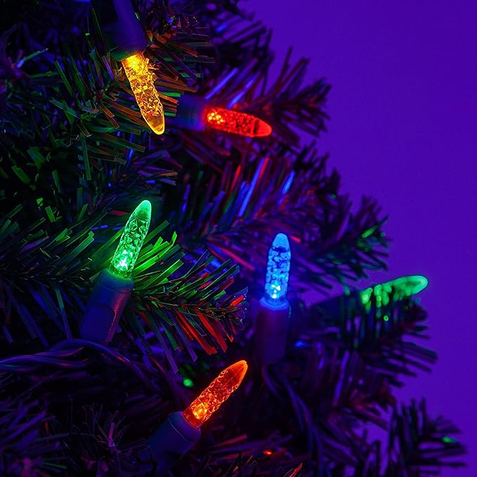 M5 LED Mini Ice Multicolor Prelamped Light Set, Green Wire - 70 M5 Multi Color LED Christmas Lights, 4" Spacing