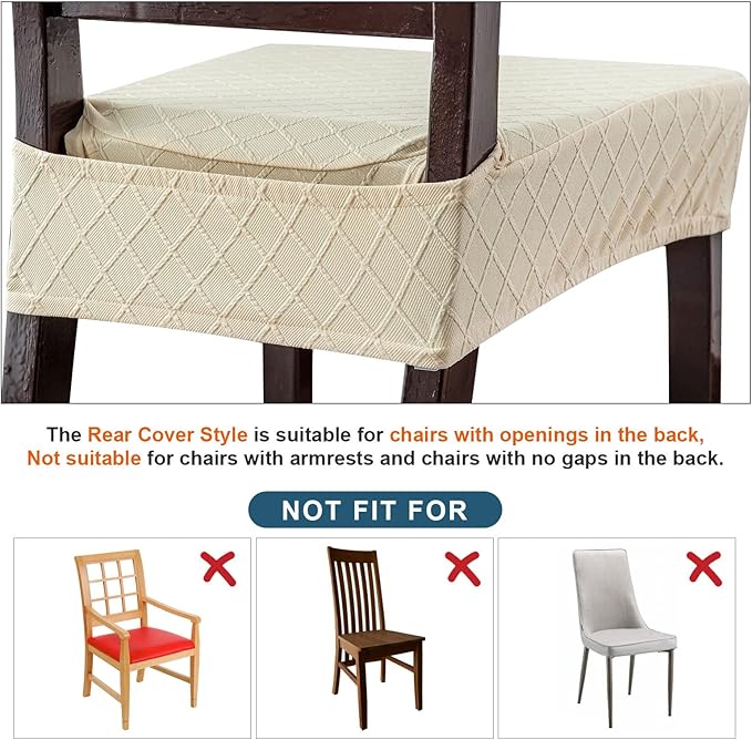 Genina Waterproof Seat Covers for Chairs,Set of 4 Dining Room Chair Seat Covers for Kitchen,Stretch Jacquard Removable Washable Dining Chair Slipcovers Protectors with Rear Covers, Beige