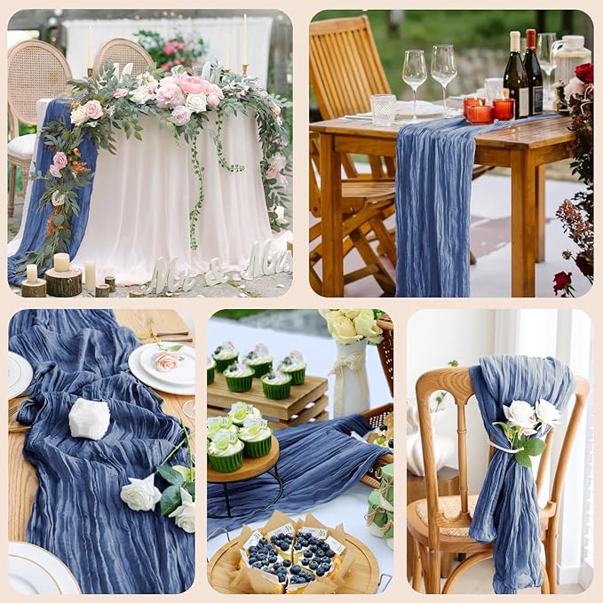 Table Runner Cheesecloth 10FT Blue Boho Gauze Cheese Cloth Rustic Sheer Table Runners for Wedding Birthday Bridal Baby Shower Party Decoration